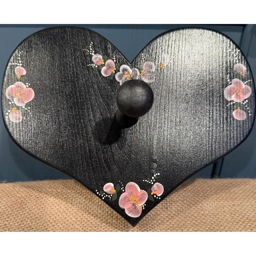 Vintage Handmade Wooden Flowered Black Painted Heart Hanger 8x6